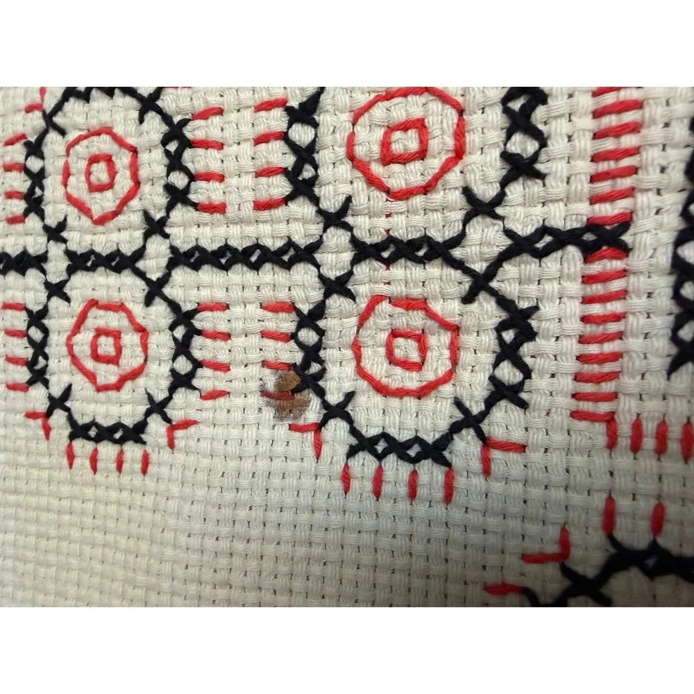 Vintage Hand Embroidered Folk Art Tablecloth Red Black Geometric 68 x 50